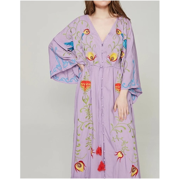 Boho Embroidered Hearts Floral Birds Long Maxi Kimono Dress - Picture 11 of 16